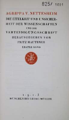 Bild Nr.1: 135-1632 Netttesheim, Agrippa von: (Literatur und illustrierte Bücher 20.Jahrhundert - Alte Literatur in modernen Ausgaben)