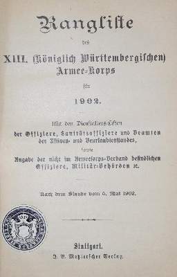 Bild Nr.1: 135-834 Rang- und Quartier-Liste: (Militaria, Württemberg)