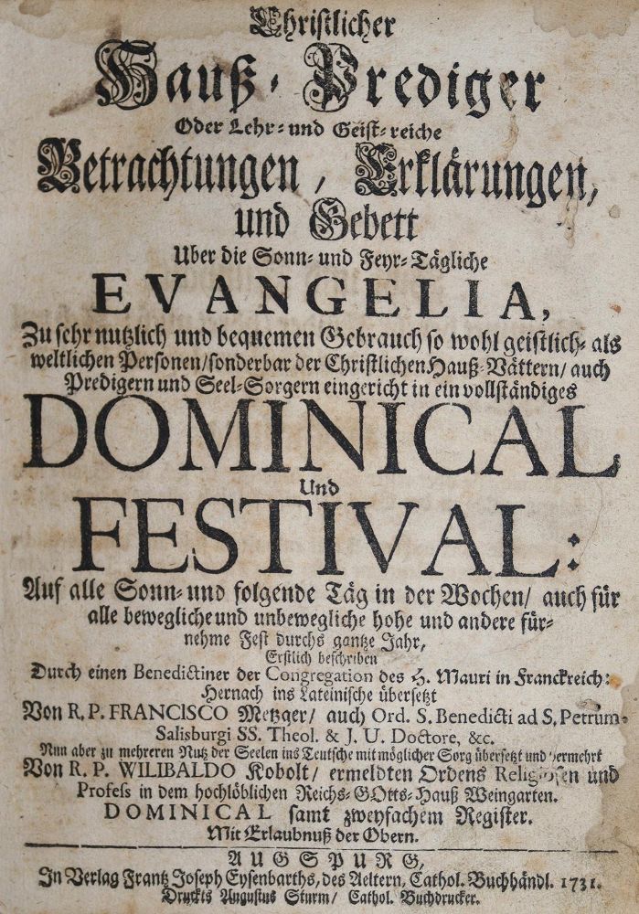 Große Abbildung Nr.1: 136-272 Metzger,F. u. W.Kobolt (Übers.).: (Alte Drucke, Handschriften und Theologie)