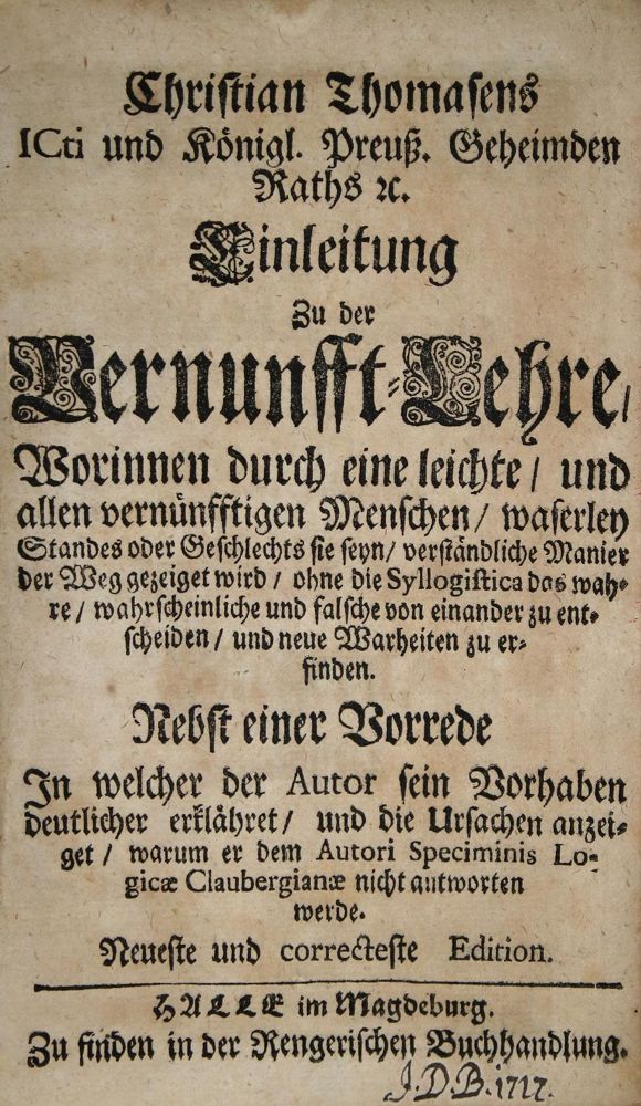 Große Abbildung Nr.1: 137-1106 Thomasius,C.: (Literatur und illustrierte Bücher bis 19.Jahrhundert)