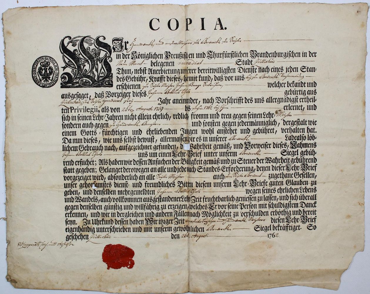 Große Abbildung Nr.1: 137-1539 Lehrbrief: (Verschiedene Gebiete - Varia, Handwerk, Züllichau)