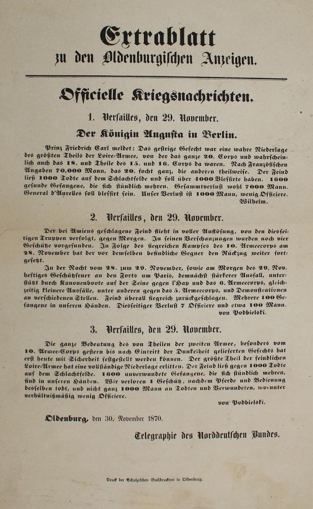 Große Abbildung Nr.1: 137-458 Extrablatt zu den Oldenburgischen Anzeigen.: (Militaria)