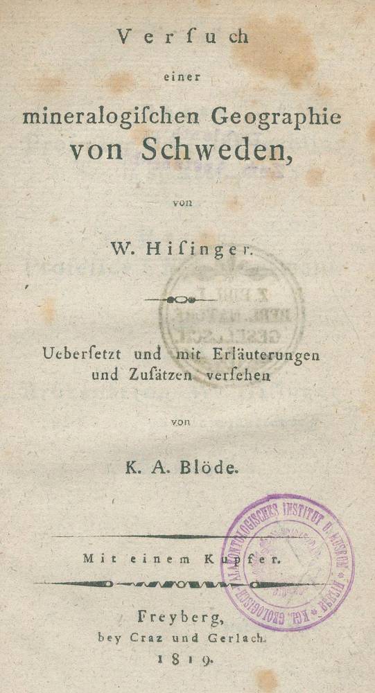 Große Abbildung Nr.1: 138-1949 Hisinger,W.: (Verschiedene Gebiete - Varia, Geologie - Mineralogie u. Paläontologie, Schweden)