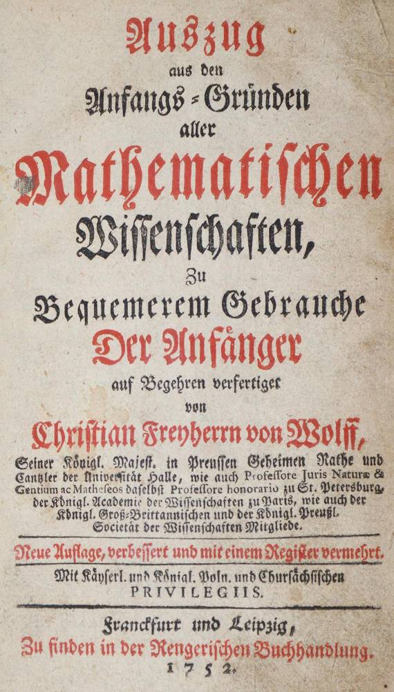 Große Abbildung Nr.1: 138-2015 Wolff,C.v.: (Verschiedene Gebiete - Varia, Mathematik)