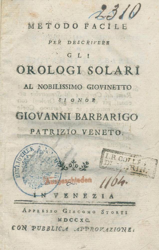 Große Abbildung Nr.1: 138-2072 (Toaldo,G.).: (Verschiedene Gebiete - Varia, Uhren, Sonnenuhr)