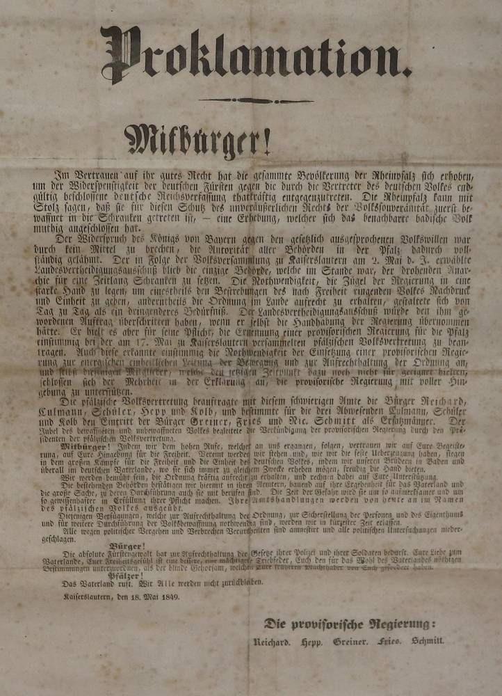 Große Abbildung Nr.1: 138-2341 Proklamation.: (Deutschland, Revolution 1848/48 - Vormärz - Politik, Pfalz)