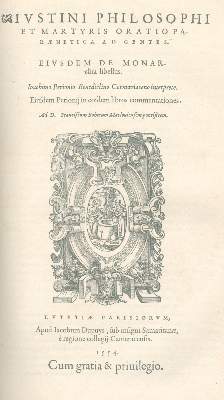 Bild Nr.1: 138-220 Justinus Martyr.: (Alte Drucke, Handschriften und Theologie)