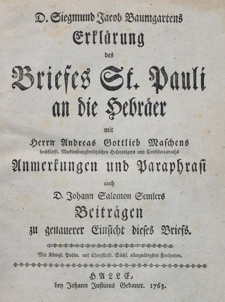 Große Abbildung Nr.1: 139-16 Baumgarten,S.J.: (Alte Drucke, Handschriften und Theologie)