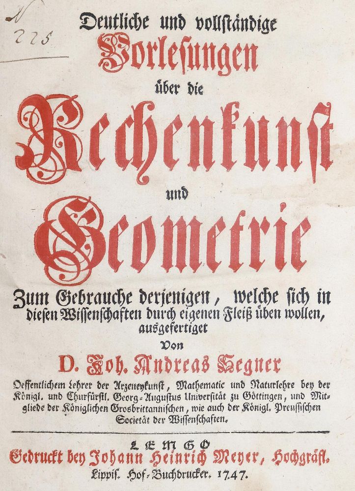 Große Abbildung Nr.1: 139-1769 Segner,J.A.v.: (Verschiedene Gebiete - Varia, Mathematik)