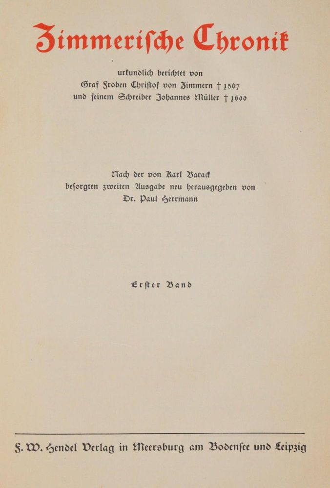Große Abbildung Nr.1: 139-1926 Zimmerische Chronik.: (Deutschland, Baden-Württemberg)