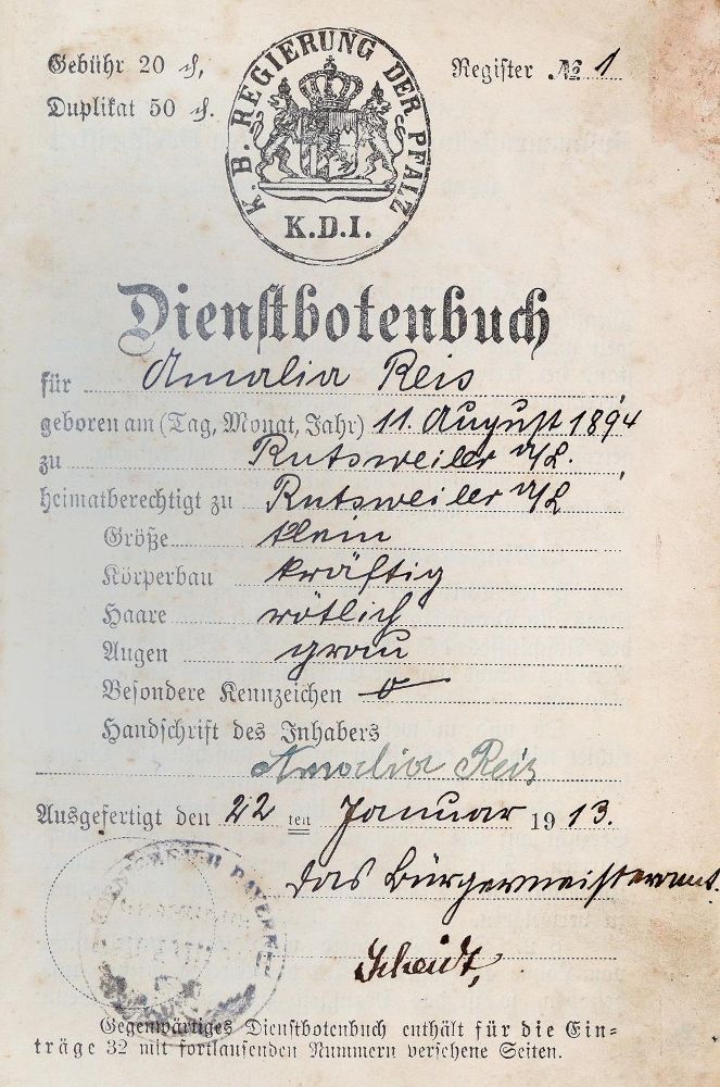 Große Abbildung Nr.1: 139-2000 Dienstbotenbuch: (Deutschland, Pfalz)