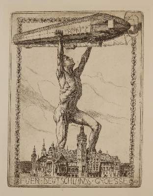 Bild Nr.1: 139-3084 Radierung mit Zeppelin.: (Künstlergraphik, Aeronautik, Zeppelin)