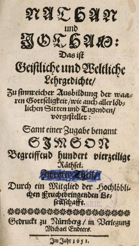 Große Abbildung Nr.1: 140-1431 Harsdörffer,G.P.: (Literatur und illustrierte Bücher bis 19.Jahrhundert)
