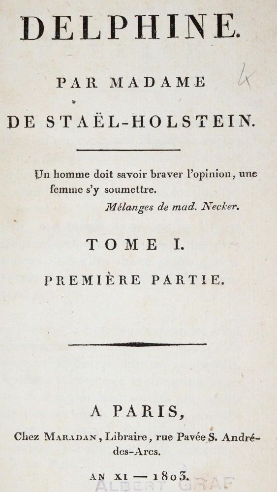 Große Abbildung Nr.1: 140-1532 Stael-Holstein,(A.L.G.de.).: (Literatur und illustrierte Bücher bis 19.Jahrhundert)