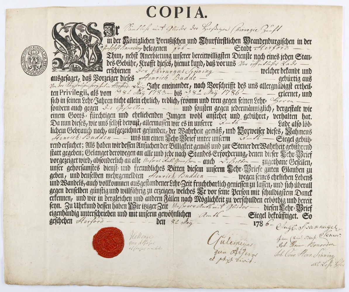 Große Abbildung Nr.1: 140-1793 Lehrbrief: (Medizin, Chirurgie, Herford)