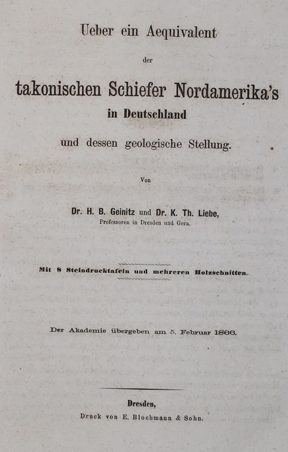 Große Abbildung Nr.1: 140-1993 Geinitz,H.B. u. K.T.Liebe.: (Verschiedene Gebiete - Varia, Geologie - Mineralogie u. Paläontologie)