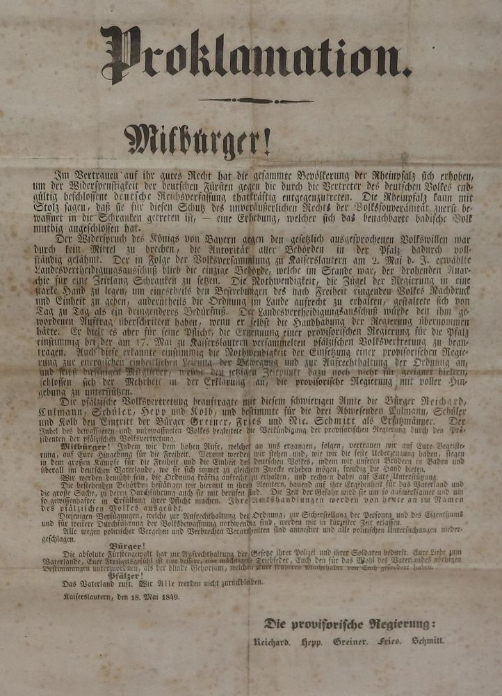 Große Abbildung Nr.1: 140-2367 Proklamation.: (Deutschland, Revolution 1848/48 - Vormärz - Politik, Pfalz)