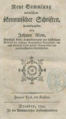 Bild Nr.1: 140-1073 Neue Sammlung vermischter ökonomischer Schriften.: (Land- und Forstwirtschaft, Landwirtschaft)
