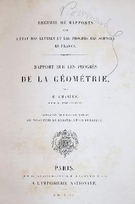 Große Abbildung Nr.1: 141-1900 Chasles,M.: (Verschiedene Gebiete - Varia, Mathematik)