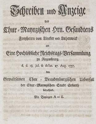Große Abbildung Nr.1: 141-2187 Lincker von Lutzenwick,(J.F.).: (Deutschland, Siebenjähriger Krieg, Vier Schriften)