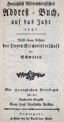 Große Abbildung Nr.1: 141-2216 Herzoglich-Wirtembergisches Addreß-Buch: (Deutschland, Württemberg)