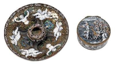 Große Abbildung Nr.1: 141-2470 Deckeldose und Kerzenhalter.: (Varia, Emaille, Limoges)