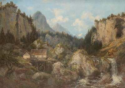 Große Abbildung Nr.1: 141-3697 Gehöft am Wasserfall.: (Künstlergraphik)