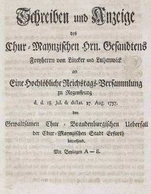 Bild Nr.1: 141-2187 Lincker von Lutzenwick,(J.F.).: (Deutschland, Siebenjähriger Krieg, Vier Schriften)