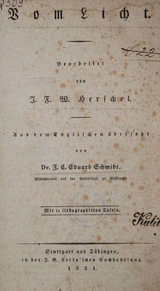 Große Abbildung Nr.1: 142-2158 Herschel,J.F.W.: (Verschiedene Gebiete - Varia, Optik)