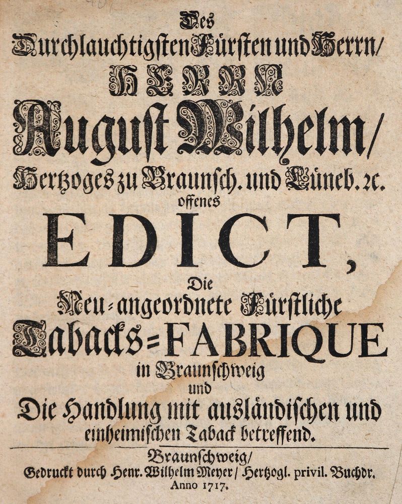 Große Abbildung Nr.1: 142-471 August Wilhelm, Herzog zu Braunschweig-Lüneburg.: (Wirtschaft, Tabak)