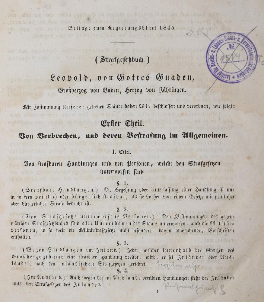 Große Abbildung Nr.1: 142-512 Großherzogl. badisches Strafgesetzbuch: (Juridica und Kriminologie, Baden)