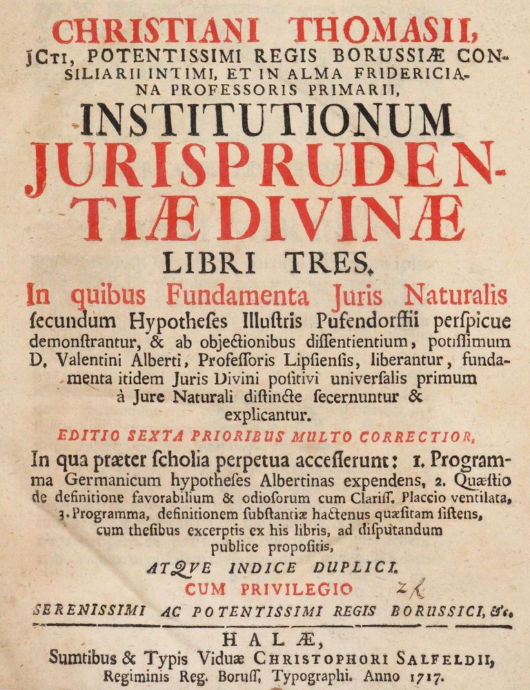 Große Abbildung Nr.1: 142-663 Thomasius,C.: (Jus der Bibliothek v. Prof. Thomas Würtenberger, Juridica und Kriminologie)