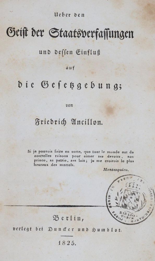 Große Abbildung Nr.1: 142-695 Ancillon,F.: (Jus der Bibliothek v. Prof. Thomas Würtenberger, Politik und Staatswissenschaften)