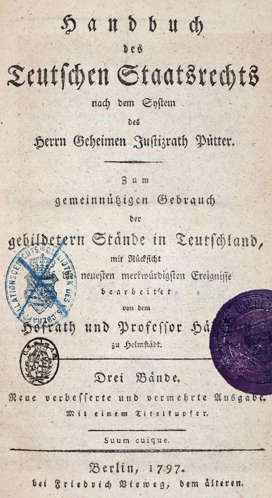 Große Abbildung Nr.1: 142-724 Pütter,J.S.: (Jus der Bibliothek v. Prof. Thomas Würtenberger, Politik und Staatswissenschaften)