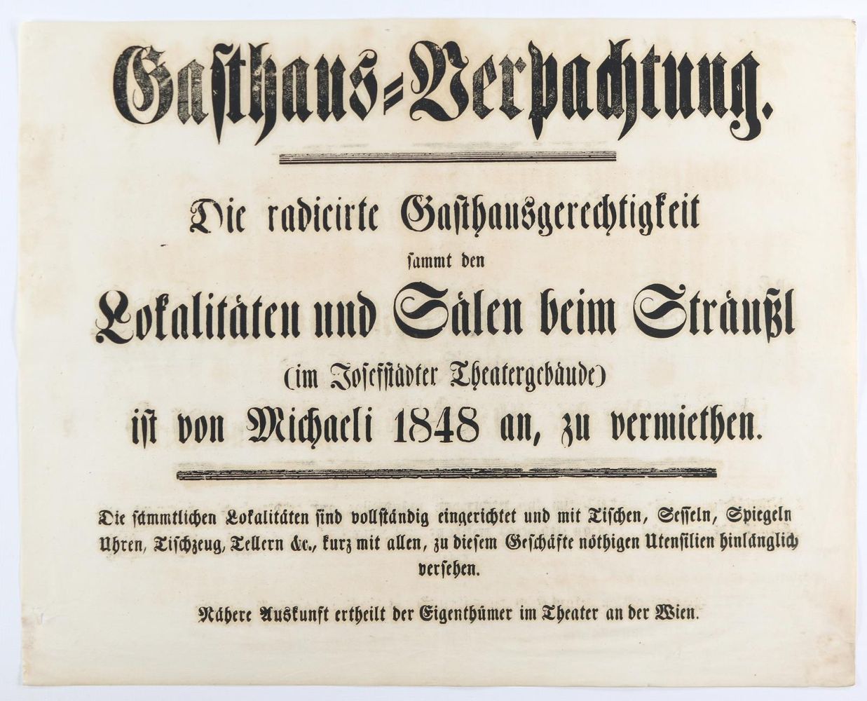 Große Abbildung Nr.1: 142-965 Gasthaus-Verpachtung.: (Küche und Haushalt, Gaststätten-Hotellerie, Wien)