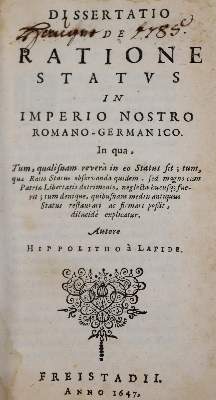 Bild Nr.1: 142-557 (Chemnitz,B.P. Pseud.) Hippolit a Lapide.: (Jus der Bibliothek v. Prof. Thomas Würtenberger)