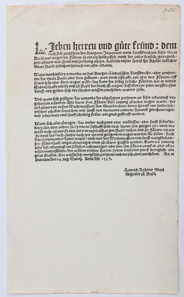 Große Abbildung Nr.1: 143-114 Hut- und Feder-Verordnung.: (Einblattdrucke u. Flugschriften, Schweiz)