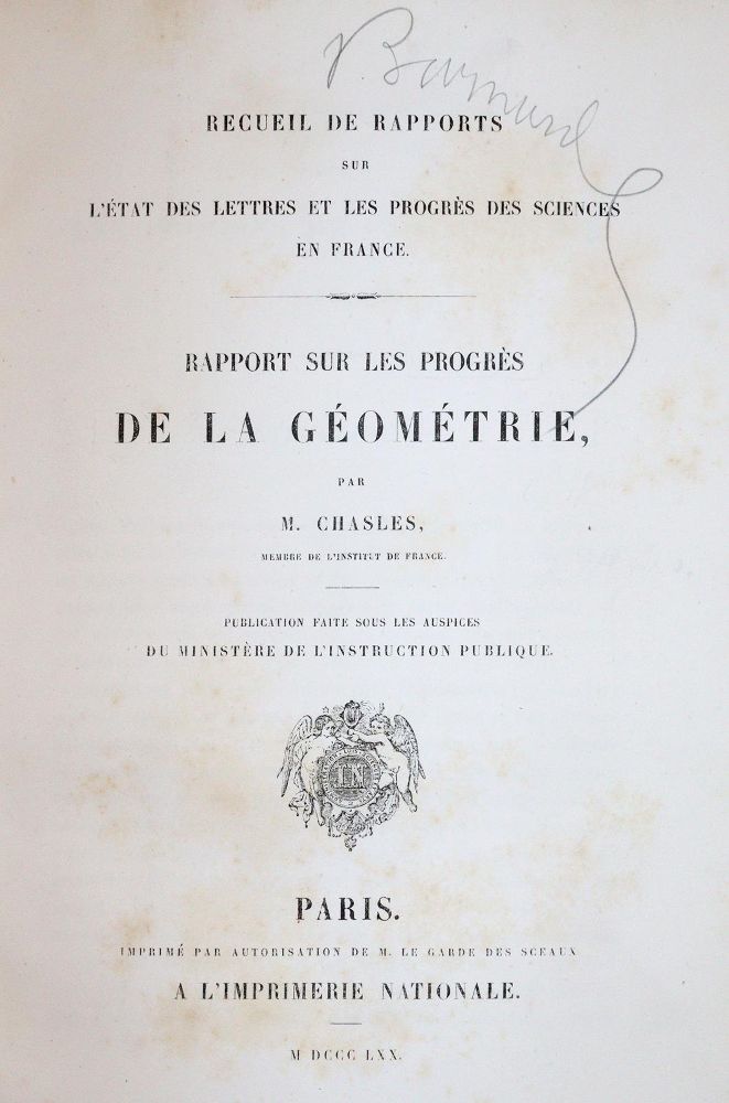 Große Abbildung Nr.1: 143-2022 Chasles,M.: (Verschiedene Gebiete - Varia, Mathematik)
