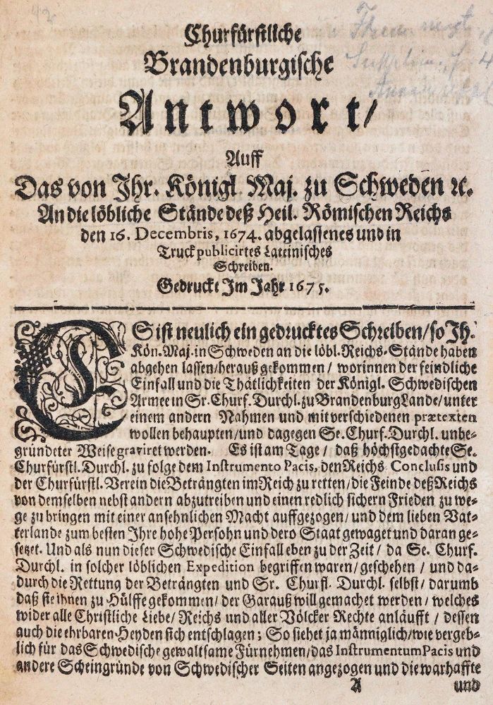 Große Abbildung Nr.1: 143-2173 Churfürstliche Brandenburgische Antwort,: (Deutschland, Brandenburg)