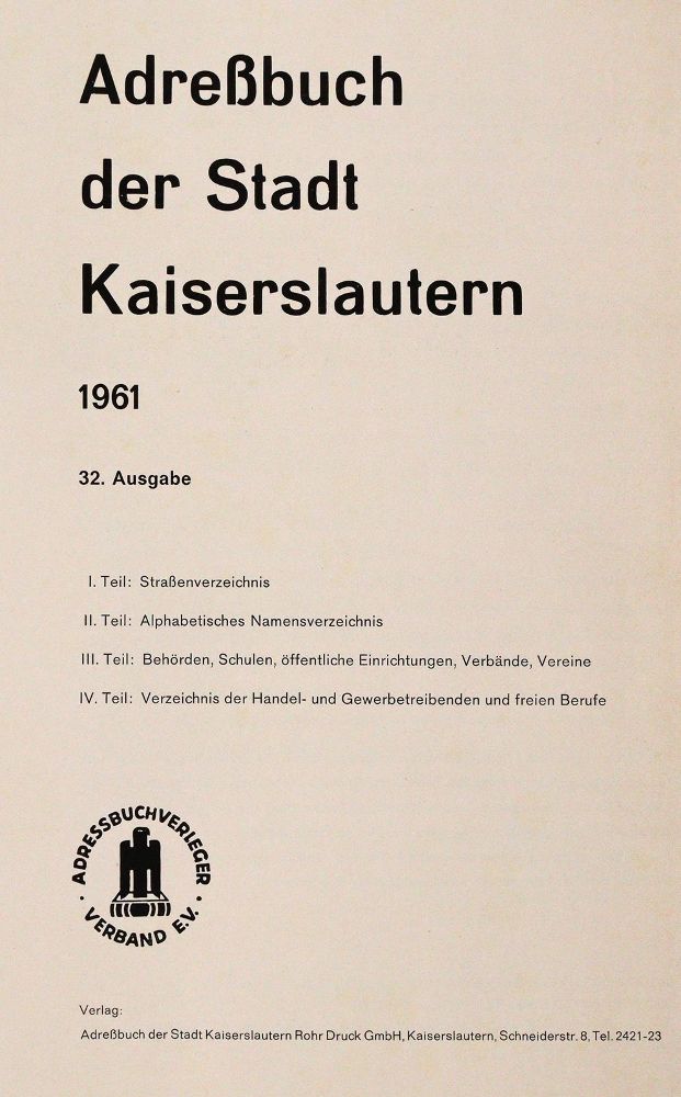 Große Abbildung Nr.1: 143-2204 Adreßbuch: (Deutschland, Kaiserslautern)