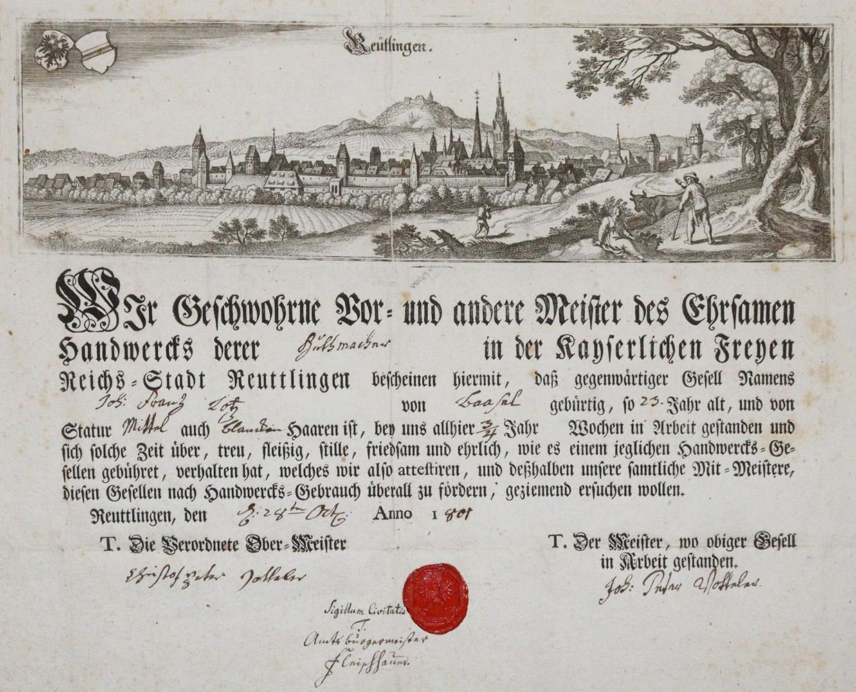 Große Abbildung Nr.1: 143-2239 Gesellenbrief: (Deutschland, Reutlingen)