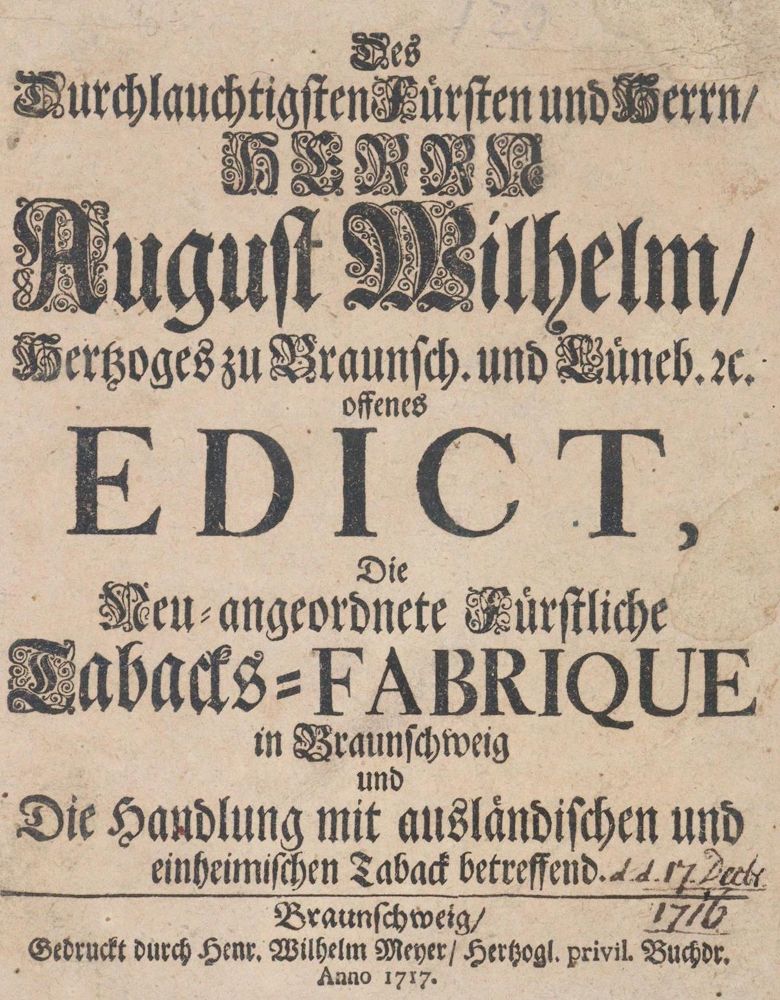 Große Abbildung Nr.1: 143-363 August Wilhelm, Herzog zu Braunschweig-Lüneburg.: (Wirtschaft, Tabak)