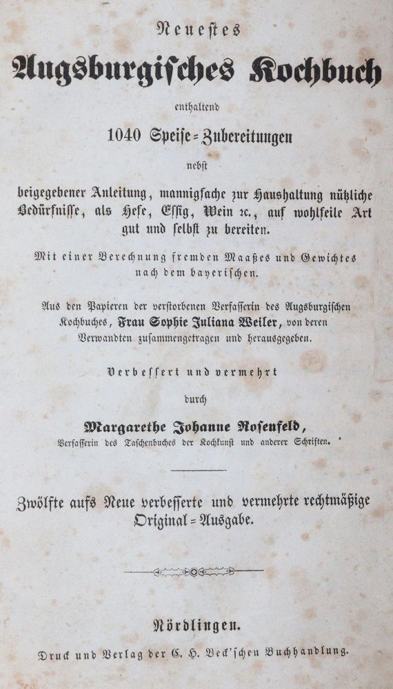 Große Abbildung Nr.1: 143-693 Rosenfeld,M.J.: (Küche und Haushalt, Kochbücher, Augsburg)
