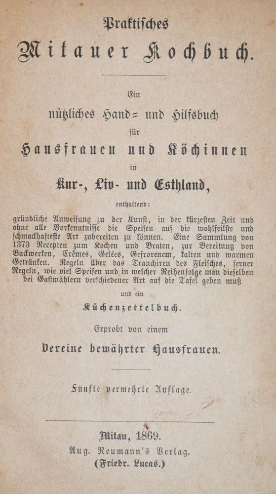 Große Abbildung Nr.1: 143-701 (Lucas,A.).: (Küche und Haushalt, Kochbücher, Baltikum)