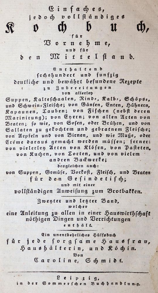 Große Abbildung Nr.1: 143-923 Schmidt,C. (d.i. J.C.Sommer).: (Küche und Haushalt, Kochbücher)
