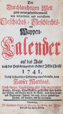Bild Nr.1: 143-351 Geschichts- Geschlechts- und Wappen-Calender,: (Genealogie und Heraldik)