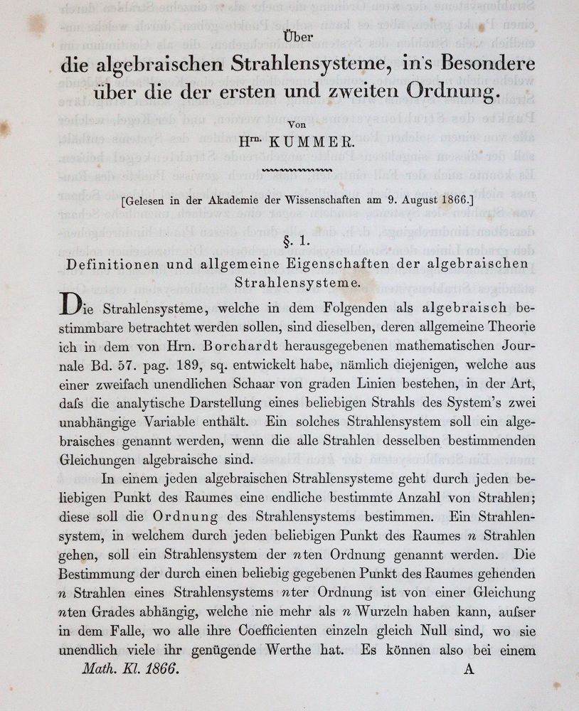 Große Abbildung Nr.1: 144-1587 Kummer,(E.E.).: (Verschiedene Gebiete - Varia, Mathematik)