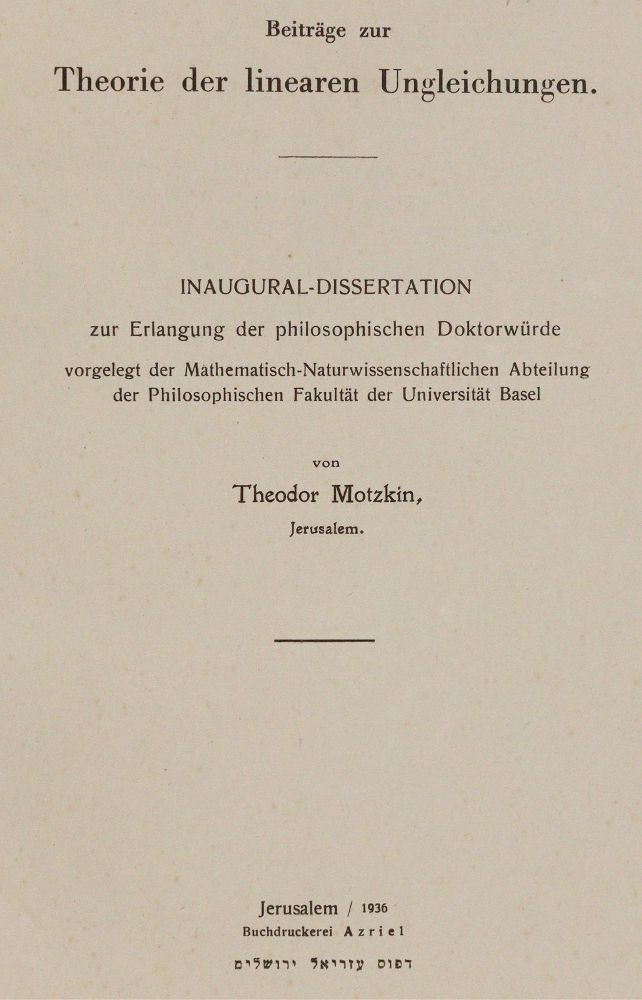 Große Abbildung Nr.1: 144-1594 Motzkin,T.: (Verschiedene Gebiete - Varia, Mathematik)