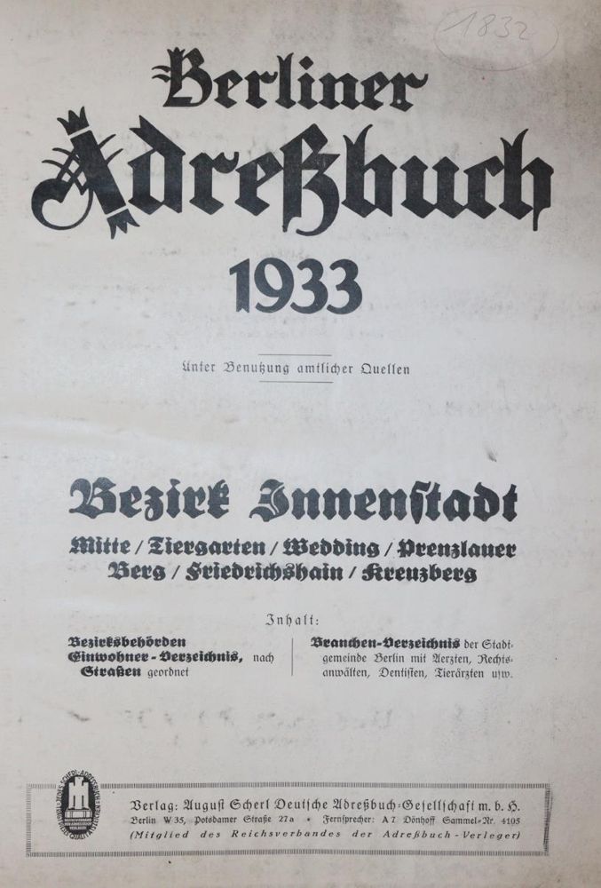Große Abbildung Nr.1: 144-1760 Berliner Adressbuch 1933.: (Deutschland, Berlin)