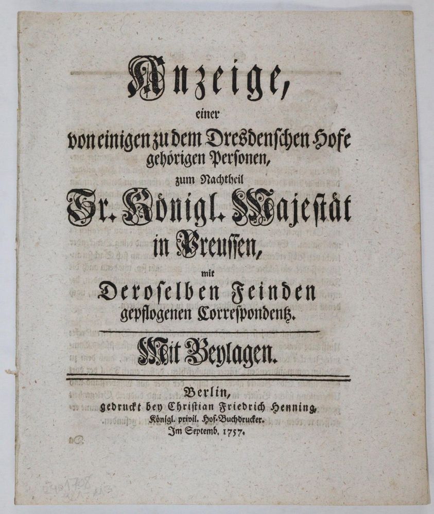 Große Abbildung Nr.3: 144-1911 Ponickau,J.G.v.: (Deutschland, Siebenjähriger Krieg, Vier Schriften)